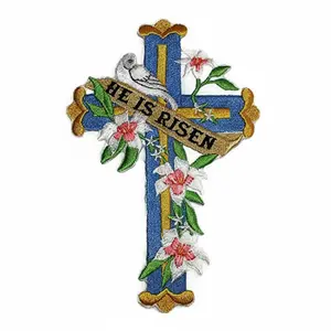He Is Risen Cross with Dove Embroidered Patch (6" x 4.1") Sacred Christian Iron-On or Sew-On Felt Design, Made in USA