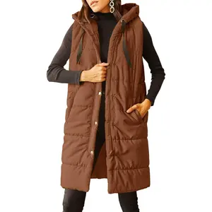 Lannew Women's Long Quilted Puffer Vest Sleeveless Hooded Button Down Padded Coats Jacket Outerwear with Pocket
