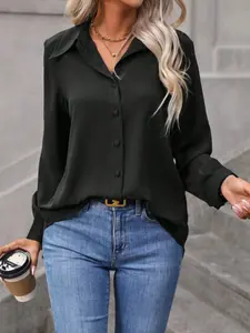 Women's Solid Color Basic Fitted Button Front Collared Shirt Blouse Long Sleeve Top, Casual Versatile Outerwear, Commuter Workwear, Daily Wear