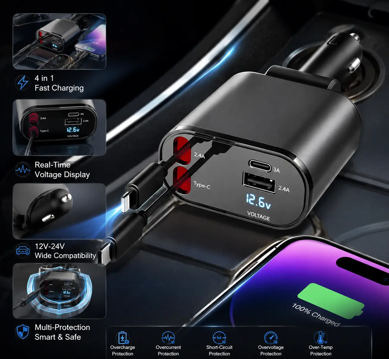 4-in-1 Retractable Car Charger – 100W Fast Charging Adapter with Built-In Lightning & USB-C Cables, Dual Ports for iPhone, Samsung & More