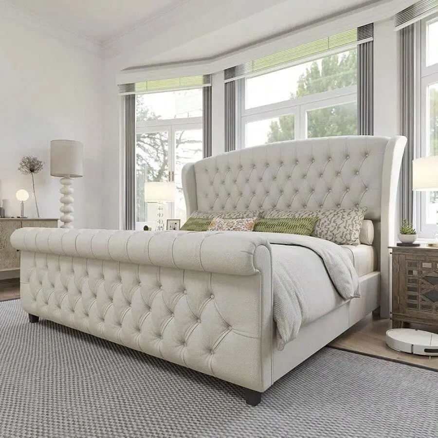 Performance Velvet Upholstered Platform Sleigh Bed (King/Queen) - Scroll Wingback Headboard & Footboard, Button Tufted, No Box Spring Required, Easy Setup, Assembly Required, Bedroom Decor + White Glass Door Wardrobe Set, Bed Frame