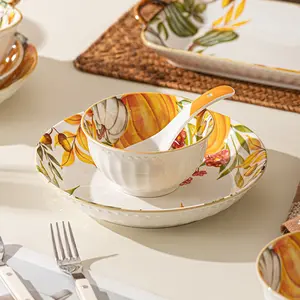 8-pcs ceramic tableware set, orange color, pumpkin pattern, suitable for autumn, Thanksgiving, Christmas, including bowls, spoons, plates and other tableware, suitable for 2 people to use, can hold various kinds of food, can use microwave, dishwasher, etc