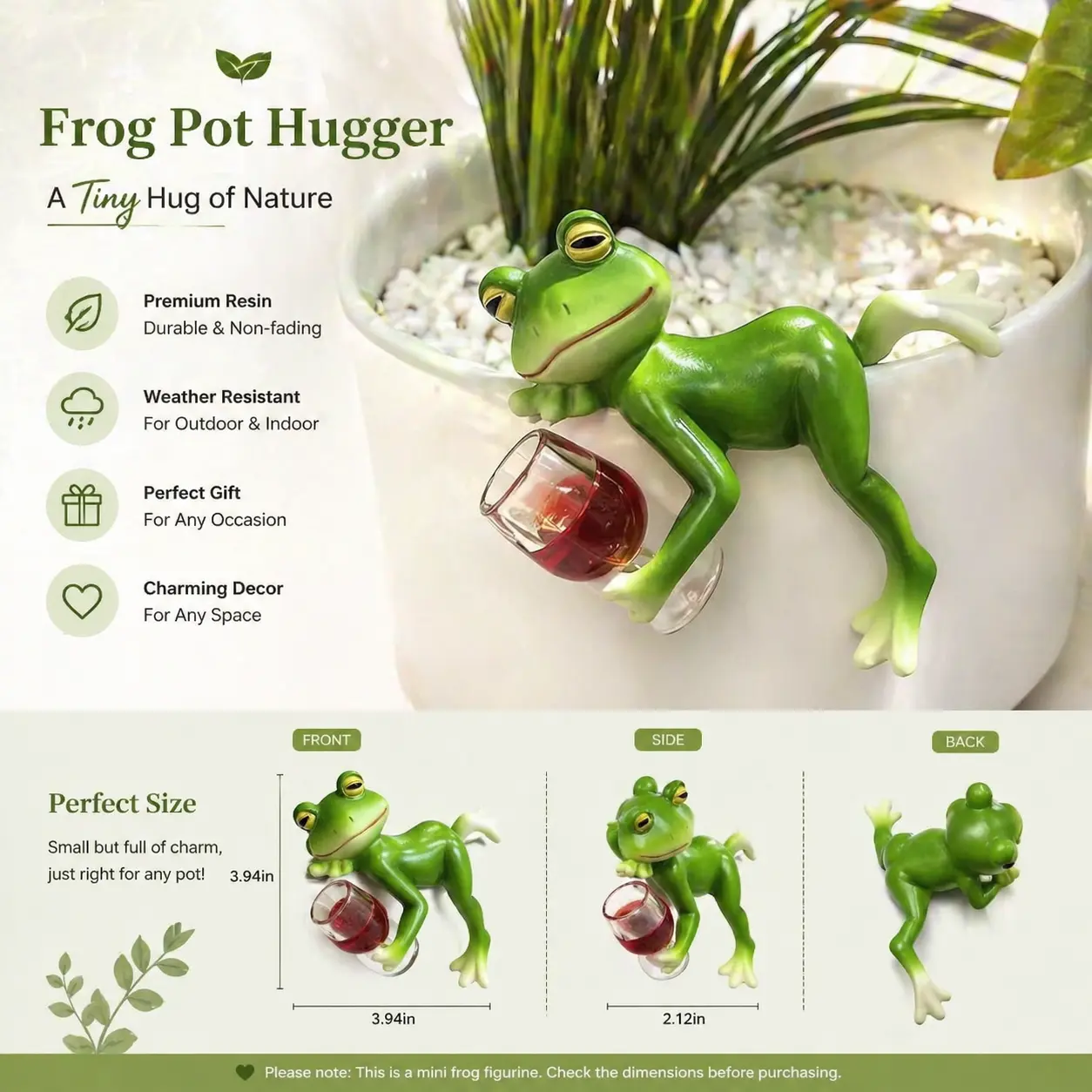 Funny frog figurine as a miniature pot hugger for plant decoration – 3.94" x 2.12" x 3.94" – Weatherproof garden statue for flower pot, yard, lawn – Original outdoor gift for women