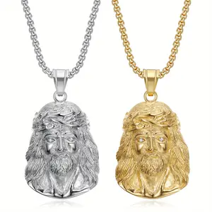Hip-Hop Stainless Steel Gold-Plated Jesus Pendant Necklace | Diamond-Encrusted Streetwear Accessory