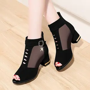 Elegant Black Mesh Open Toe Ankle Boots Chunky Heel-Fashion Back Zipper Design, Breathable and Comfortable Women's Heels Are Suitable All Seasons, Fashion Work Shoes |     Zipper Closure Boots |     Fashion Upper,-Heel Boots