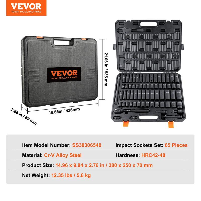 VEVOR 1/2" Drive Impact Socket Set, TikTokShopBlackFriday, 65 Piece Socket Set SAE 3/8" to 1-1/4" and Metric 10-24mm, 6 Point Cr-V Alloy Steel for Auto Repair, Rugged Construction, Easy-to-Read Size Markings, Storage Case Heavy Duty