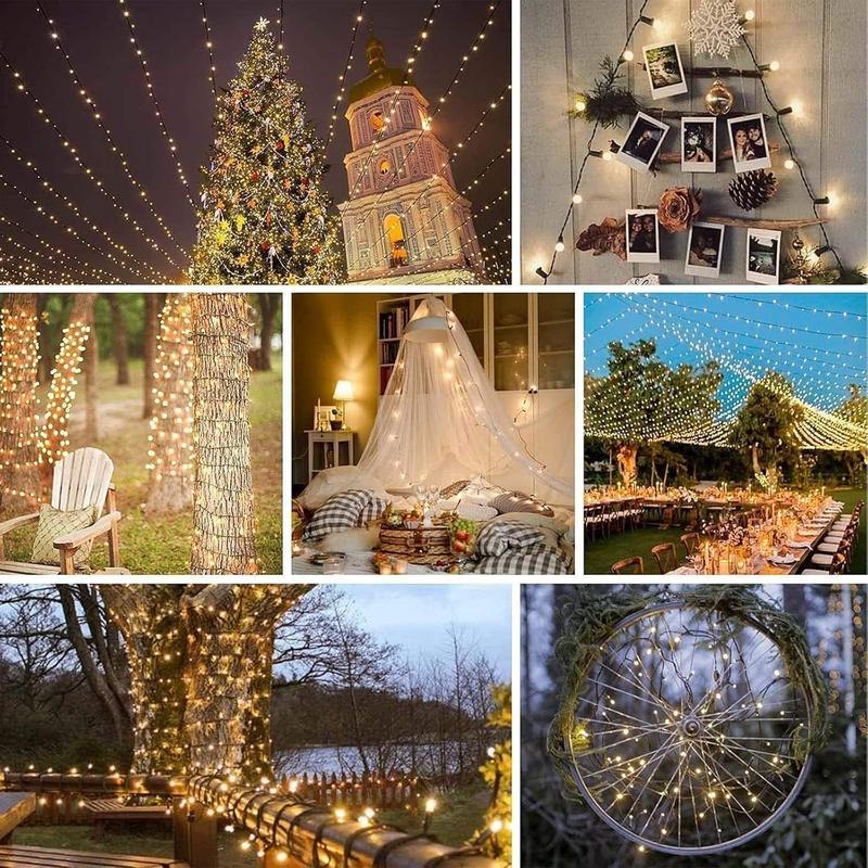Solar-powered decorative string lights: The warm light version contains 200 LEDs, while the white light version contains 300 LEDs. They support 8 different flashing effects, making them perfect for decorating Christmas scenes, as well as for embellishing