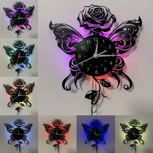 Vintage Butterfly & Rose Vinyl Record Wall Clock, Wall Decor for Living Room Bedroom Cafe Office, Unique Gift for Friends & Family, Battery Not Included
