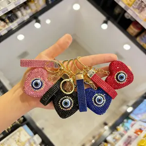 Bling Heart Evil Eye Keychain with Sparkling Rhinestones, Glitter Leather Wristlet Key Ring, Fashion Car Key & Handbag Charm, Lucky Protective Gift for Women & Girls