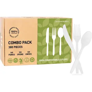 380 Count Heavy Duty Compostable Cutlery Set 140 plastic forks 120 spoons 120   no plastic silverware compostable utensils for Weddings, Parties, Office, Camping, Picnic