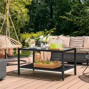Outdoor wicker coffee side table, all-weather patio storage furniture, equipped with a tempered glass tabletop, suitable for gardens, black