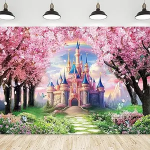 Princess Castle Backdrop Rainbow Pink Sakura Flowers Floral Fantasy Fairy Tale Wonderland  Photography Background Birthday Wedding Party