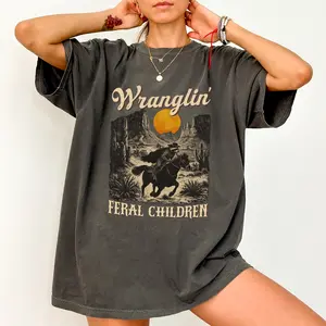 Retro Wranglin' Feral Children Comfort Colors Shirt, Vintage Raccoon 90s Western Unisex T-shirt, Funny Meme Cowboy Raccoon Retro Unisex Shirt