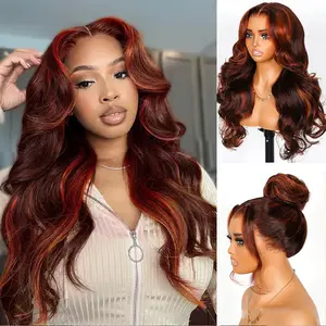 Salon Layer Cut Ginger Highlights On Brown Hair 360 Lace Frontal Invisi Strap Skin Lace InvisiDrawstring Snug Fit Body Wave Human Hair Wig#Summervibes