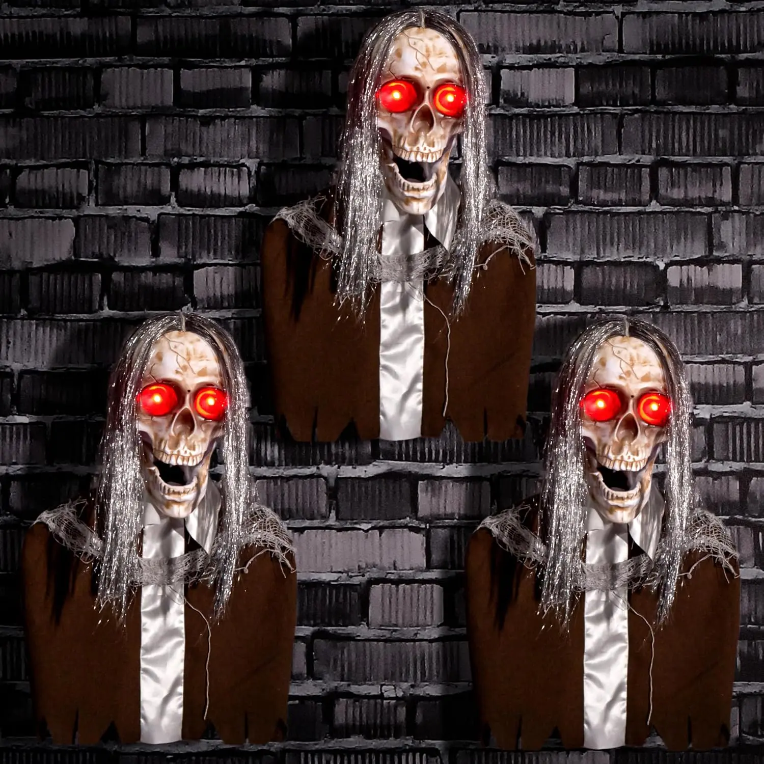 Halloween Animatronics Hanging Zombie Decorations, Animated Floating Scary Skull, Pathway Markers with Stakes, Sound Activated, Talking, Light Up Eyes, Haunted Horror Prop for Indoor, Outdoor (3Pack)