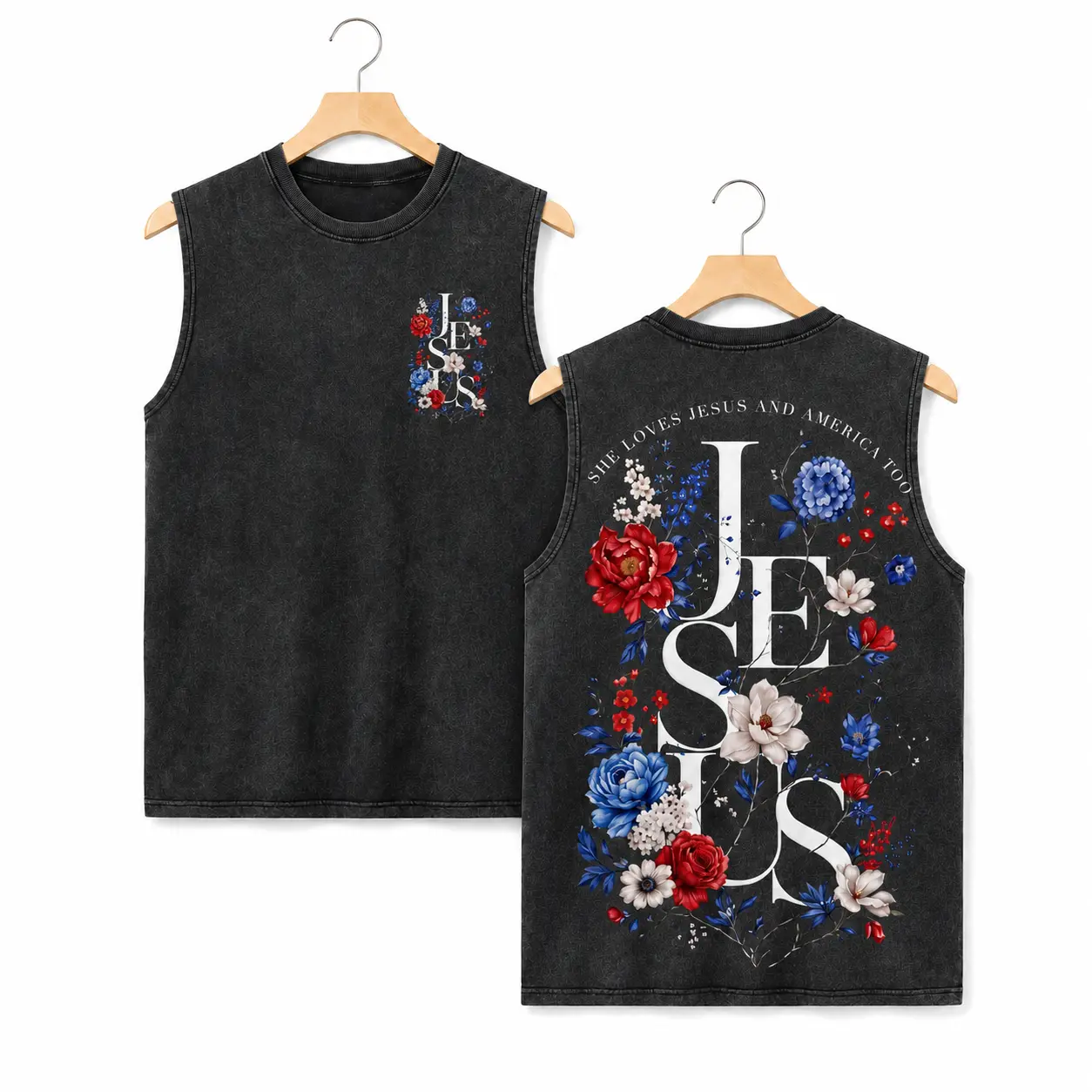 Women's Distressed Acid Washed Tank Top with 'She Loves Jesus and America Too' Patriotic Faith Double-Sided Graphic Print