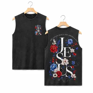 Women's Distressed Acid Washed Tank Top with 'She Loves Jesus and America Too' Patriotic Faith Double-Sided Graphic Print