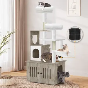 Yitahome Cat Tree with Litter Box Enclosure, 2-in-1 Cat Furniture, Modern Cat Condo, Indoor Pet Tower with Food Station, Hammocks, Hair Brush