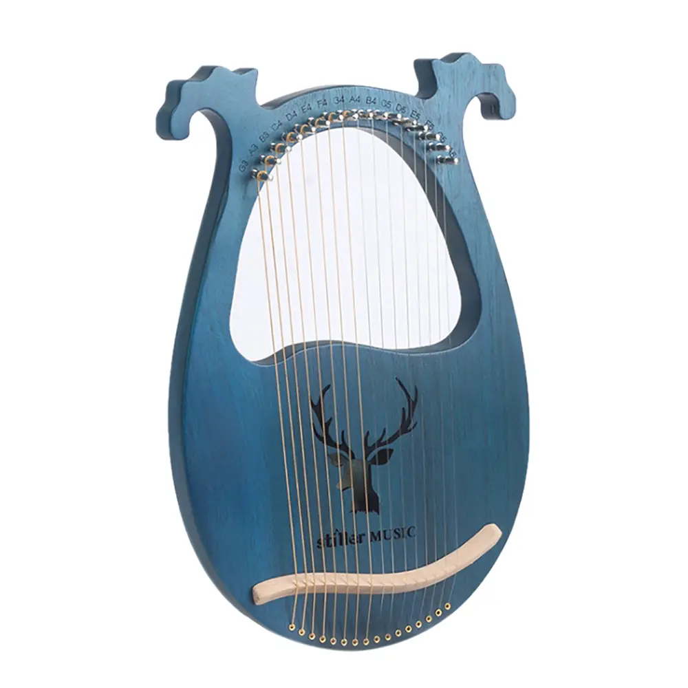 16-String Wood Lyre Harp - Solid Mahogany Basic Beginner Instrument, Portable Lightweight Kids Band Gear, 15.4in H x 10.2in W, with Metal Tuning Wrench, Picks, Extra Strings, Cleaning Cloth for Meditation Gift (Blue)