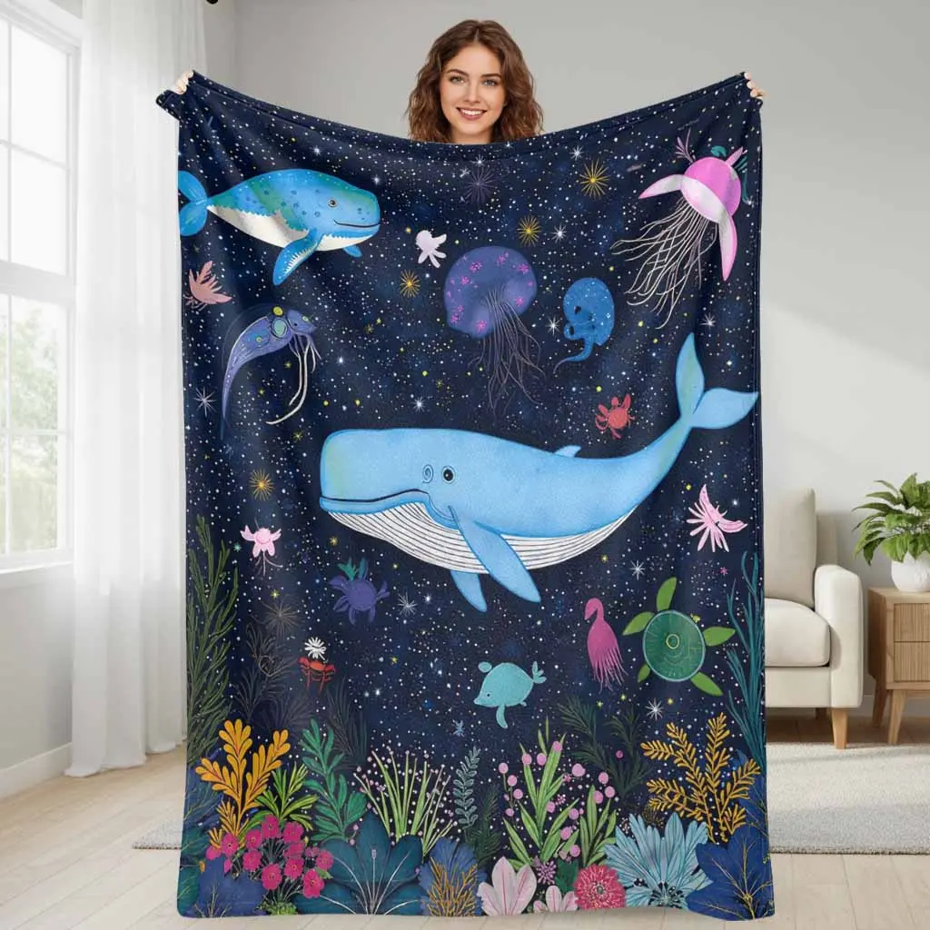 Ocean Dream Flannel Marine Life Print Blanket - Cozy, Soft, Warm, Lightweight, Plush Decorative Throw for Bedroom, Sofa, Gift Use
