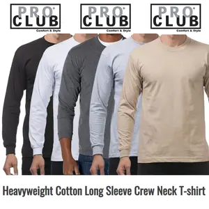 ProClub Heavyweight Long Sleeve Menswear blank shirt Classic Collar Cotton Crewneck Fabric Casual Top Tshirt T-Shirt Knit Polyester Relaxed Fit Ribbed Men's