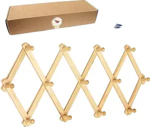 Accordion Style Expandable Wall Wooden Coat Rack 13 Hooks (Pegs) Hang Hats Jackets Coffee Mug Purses Necklaces Towels Cap Leash Scarves Data Line Kitchenware