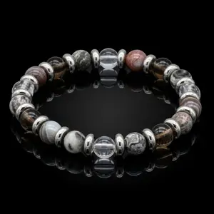 Men's Adaptation and Clarity Beaded Bracelet with Landscape Jasper, Smoky Quartz, Botswana Agate, Clear Quartz and Silver