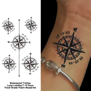 Nautical Compass Cross Juice Temporary Tattoo Sticker Magic Tattoo Waterproof Long-Lasting 7-15 Days Herbal Semi-Permanent Tattoo for Men & Women Arm & Finger Realistic Tattoo Fake Tattoo Line Tattoo