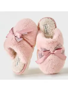 Cute Bow Soft Cotton Slippers for Women, Winter Indoor Anti-slip Thick-soled Slippers, Autumn and Winter Home-use Cotton Slippers, Warm and Comfortable Home Floor Slippers