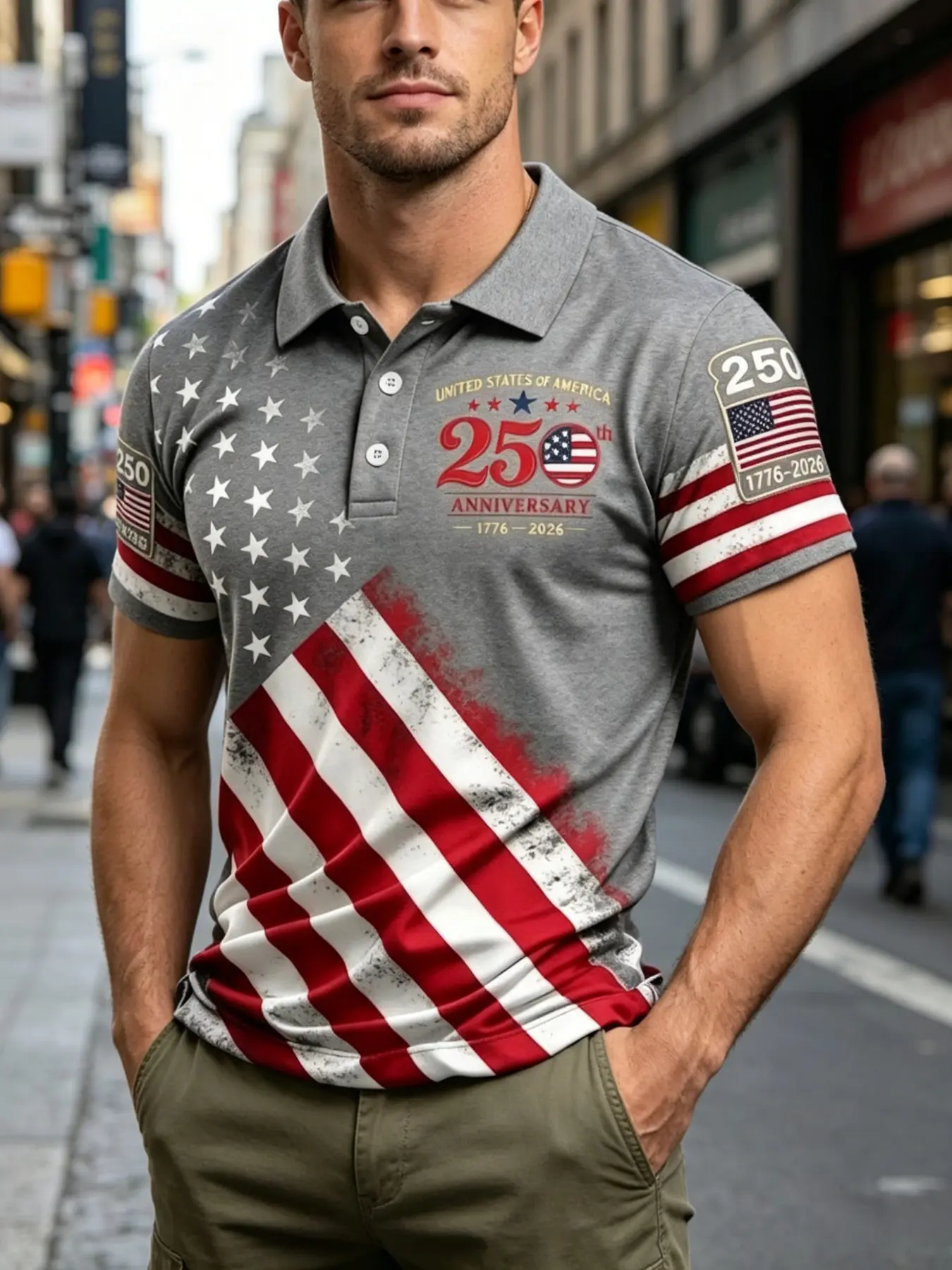 250th Anniversary Patriotic Polo Shirt, Star-Spangled Print Collar, Men's Casual Short Sleeve, Slim-Fit Business Wear, Solid Pattern, Summer Polos, Printed Polo Tops, Classic