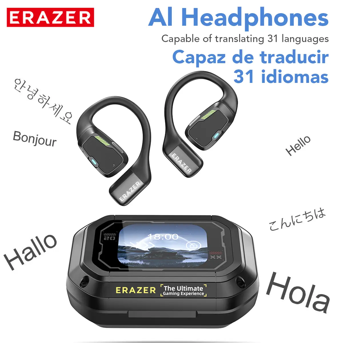 ERAZER Wireless Earbuds, Open-Ear Headphones, LED Lights Touchscreen, Ergonomic Ear Hooks, Ultra-Comfort, Snug Fit, HiFi Bass Stereo, Clear Calls, 30H