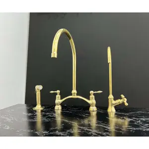 Handmade Unlacquered Brass Victorian Bridge Faucet with Swivel Spout, Side Sprayer & Cold Water Tap