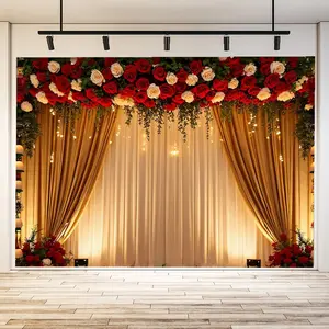 1pc elegant wedding event banner with red and white rose wreath, string of lights - romantic holiday party decoration for celebrations, anniversaries, ceremonies, banquets, decorative