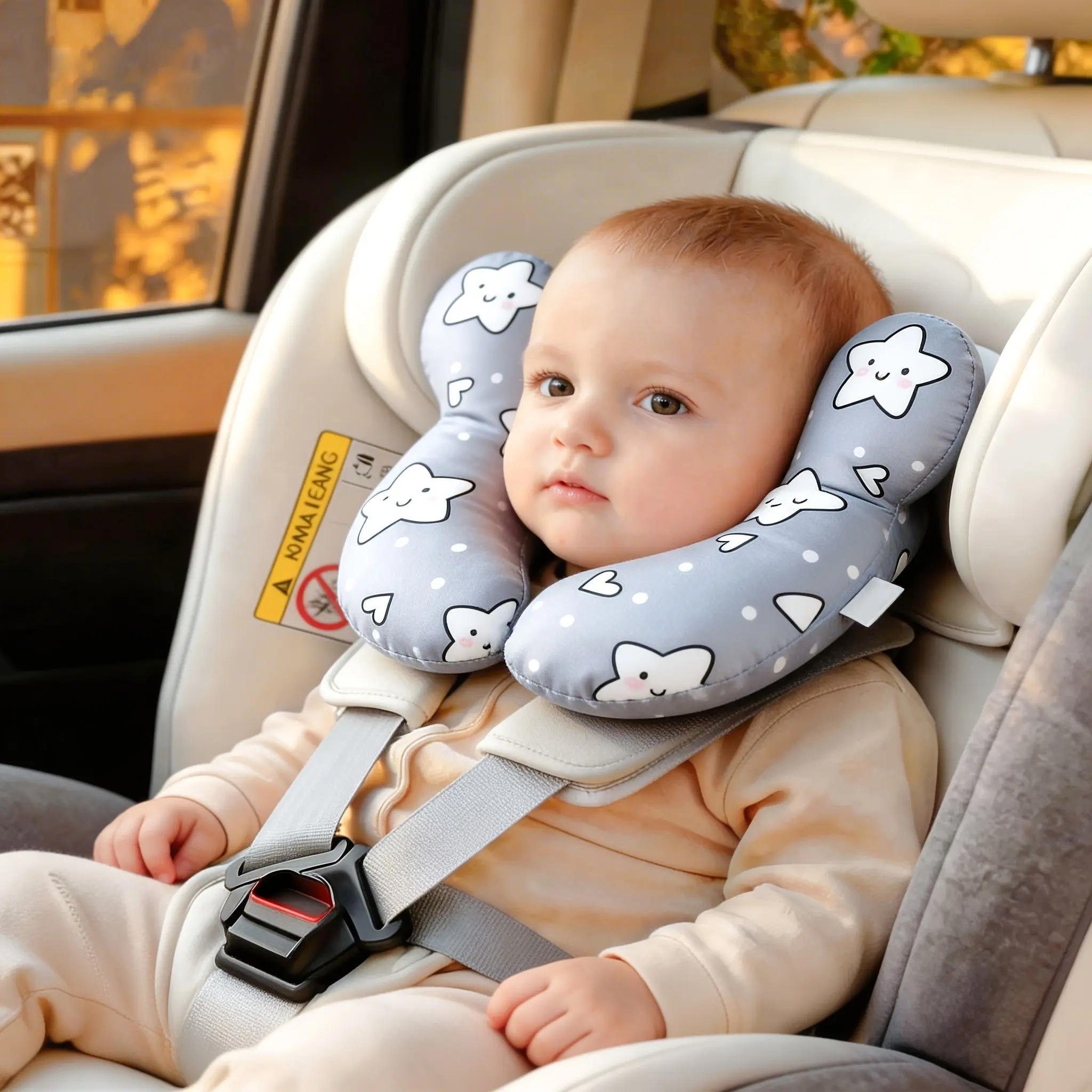 Baby Car Seat Headrest, 360° Full Support, U-Shaped Cozy Cute Neck Cushion, Soft Infant Newborn Head and Neck Protector, Ideal for Travel Strollers and Cars