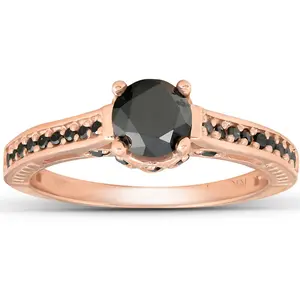 1 1/4ct Vintage Round Cut Black Diamond Engagement Ring 14K Rose Gold