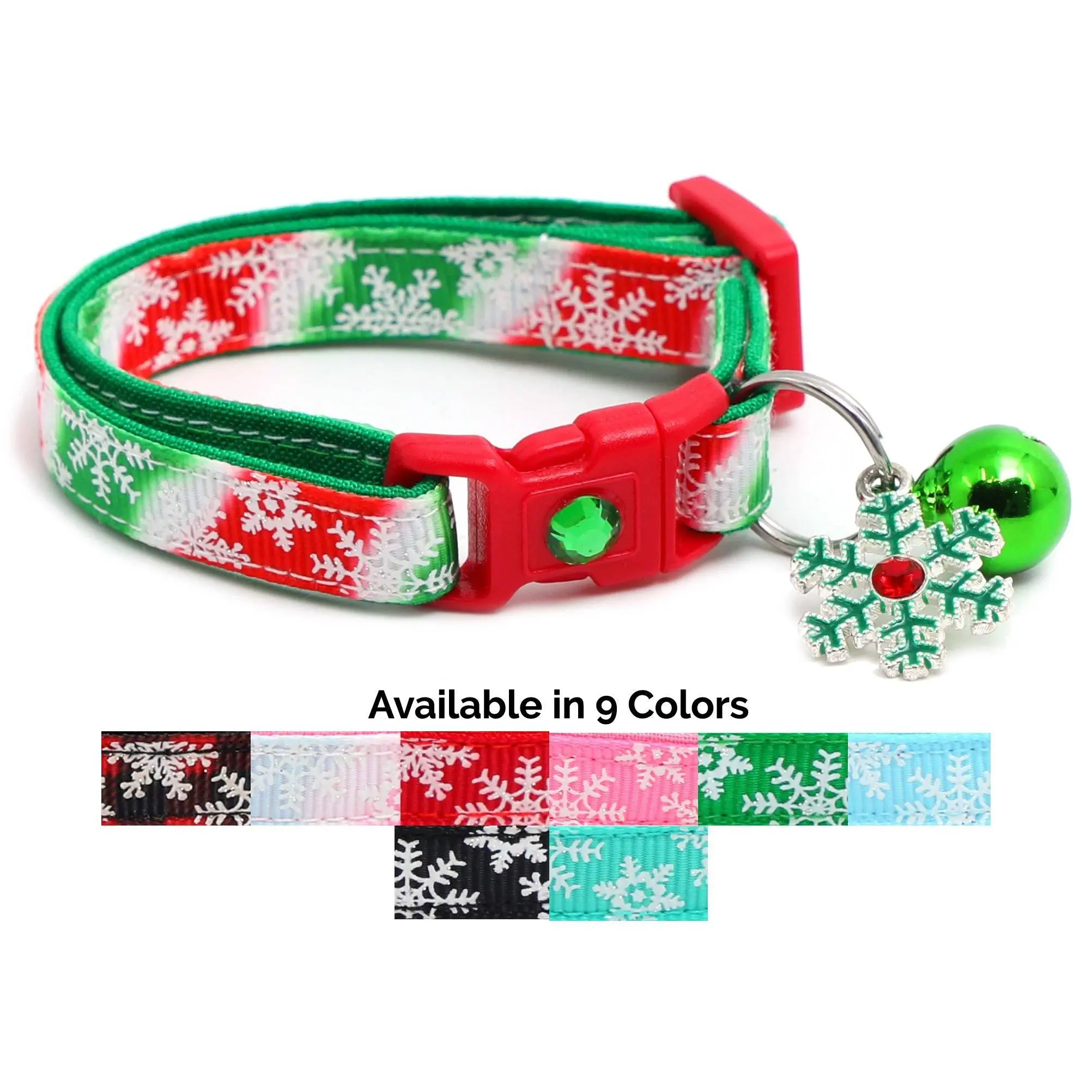 Classic Snowflakes Breakaway Safety Handmade Cat Collar with Matching Jingle Bell & Charm Snow Winter Christmas Holiday Season Blizzard