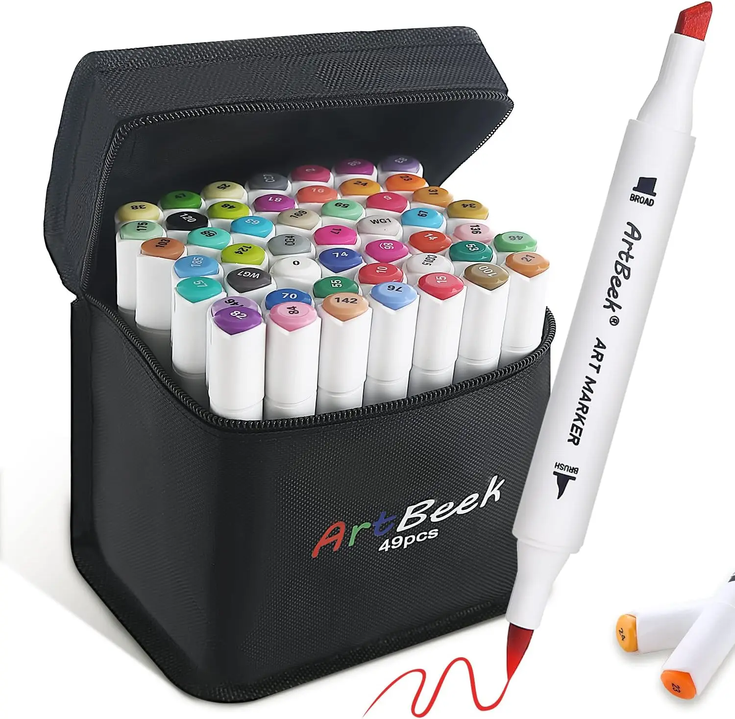 ArtBeek 48 Colors Alcohol Markers Brush Tip - Chisel & Brush Nibs for Precise Drawing, Vibrant Pigmented, Fast-Drying, Non-Toxic, Color-Coded Caps, EN71 Certified