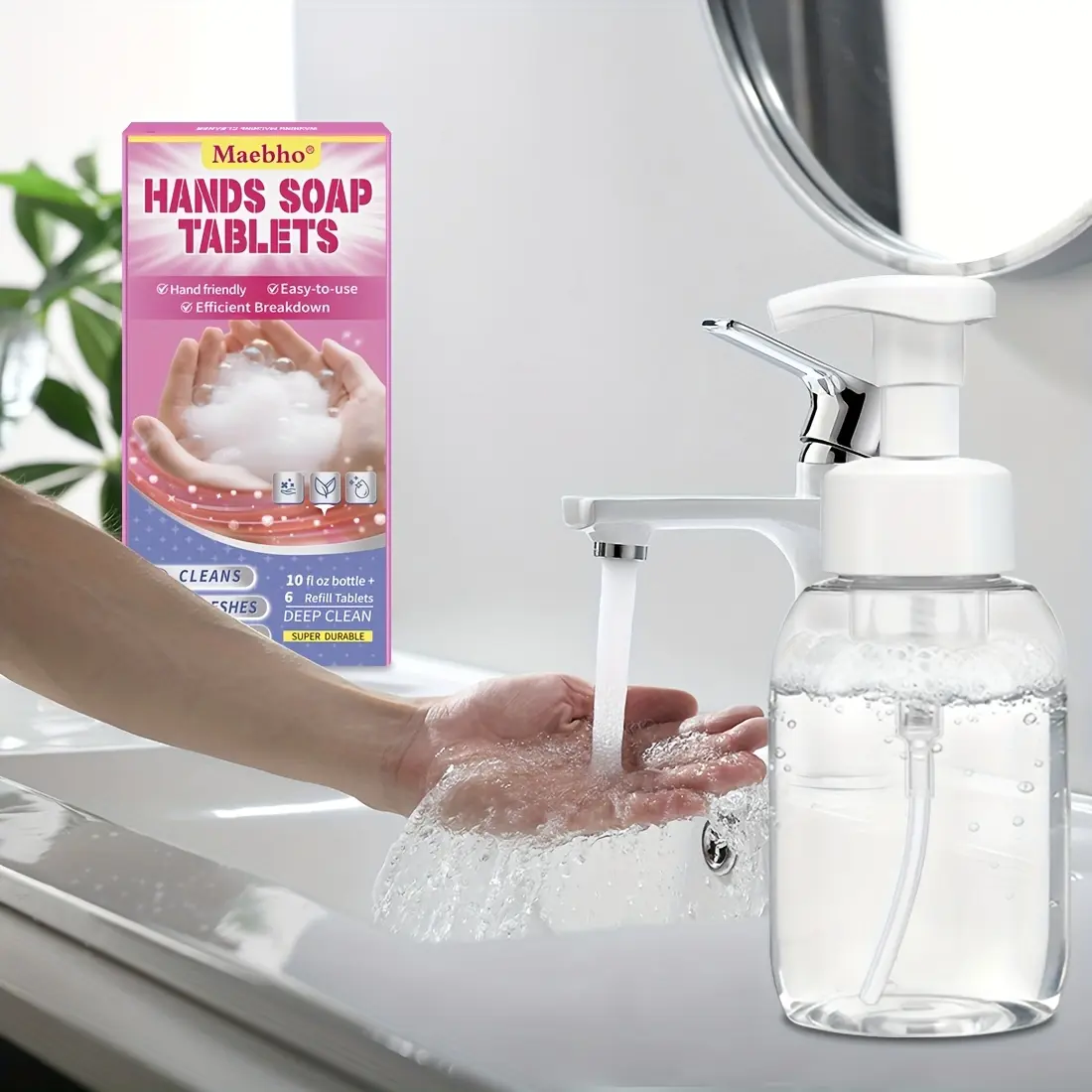 Maebho 6PCS Hand Sanitizer Cleaning Tablets + 1 Foam Mousse Bottle. Easy to use, deep cleaning, multi-functional bathroom cleaner, ideal holiday gift, perfect for bathrooms, kitchens, Halloween gifts, Christmas gifts, kitchen cleaning, easy-to-use cleaner