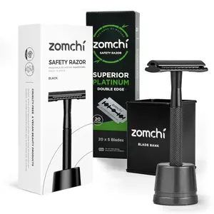 Black Double Edge Safety Razor with Stand for Men and Women with 100 Counts Razor Blades and Razor Blade Bank