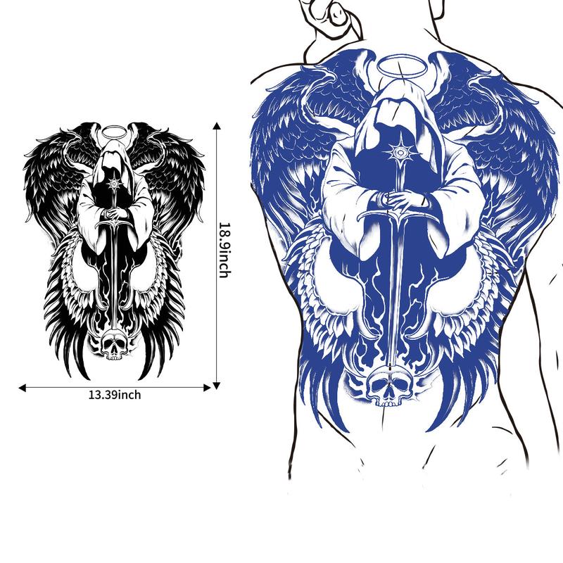 Eastern Enigma Full-Back Temporary Tattoo 18.9 x 13.39-inch Hyper-Realistic Archangel of Judgment Design for Man and Woman