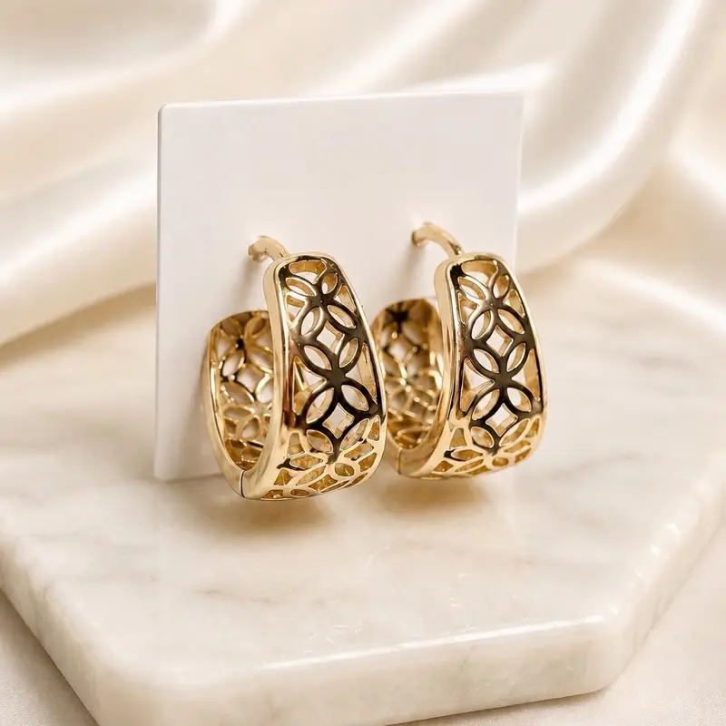 14K Gold Filled Floral Hoop Earrings for Women | Elegant Hollow Gold Hoop Earrings