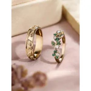 2pcs/Set Vintage Leaf Couple Rings for Men & Women,Green Sapphire Floral Engagement Ring & Wedding Band,Unique Valentine's Day Gift(No Box) fashion jewelry