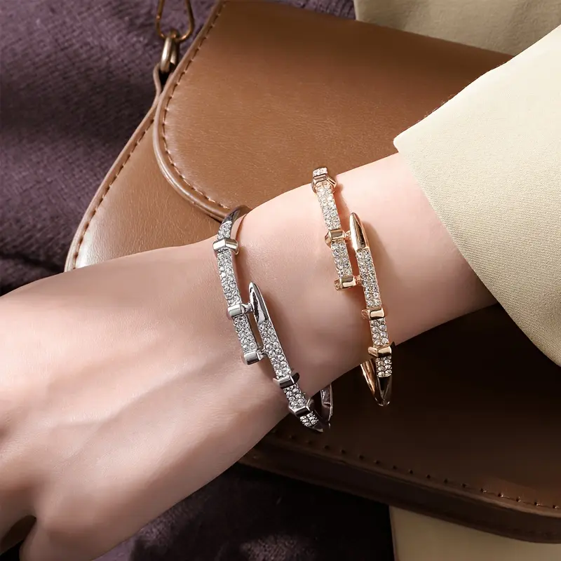 Women's Gold Tone Nail Bracelet - Stainless Steel Adjustable Open Cuff, 17cm 1.2cm Width, Hypoallergenic Crystal Inlay Bejeweled Jewelry for Anniversary, Birthday, Gold Aesthetic Bling Effect (Nail Shapes Design)