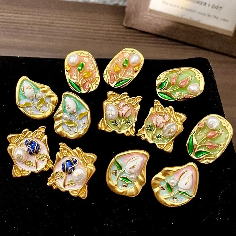 Vintage Retro Oil Painting Style Enamel Flower Earrings with Zircon and Pearl Accents, 18k Gold Plated, 925 Silver Post, Elegant Stud Earrings for Women