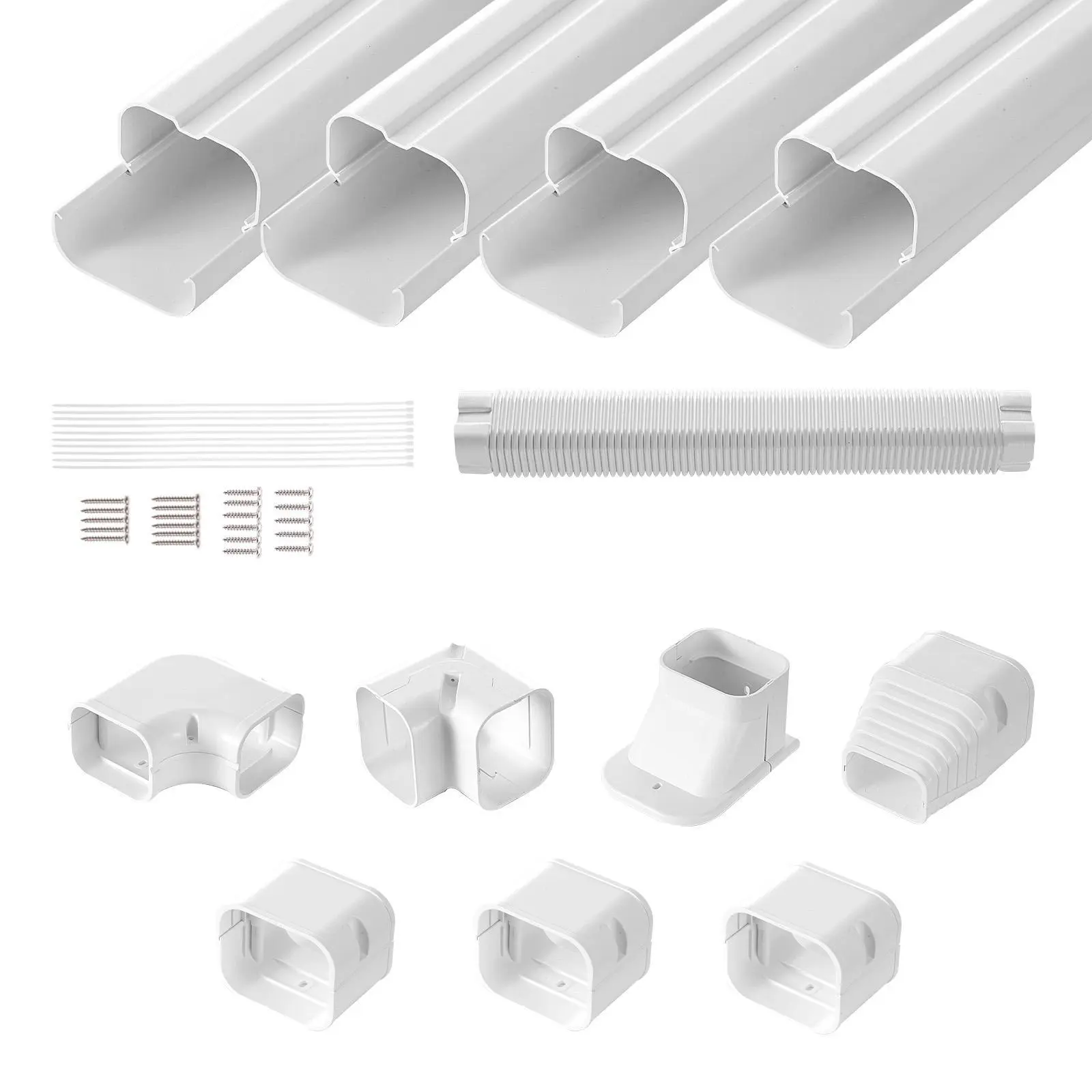 VEVOR PVC Mini Split Line Set Cover (3-in W, 15.8Ft L), Decorative Air Conditioner Pipe Cover with 4 Straight Ducts & Full Components, Easy-Install Paintable Heat Pump Accessory, White Aircon Accessories