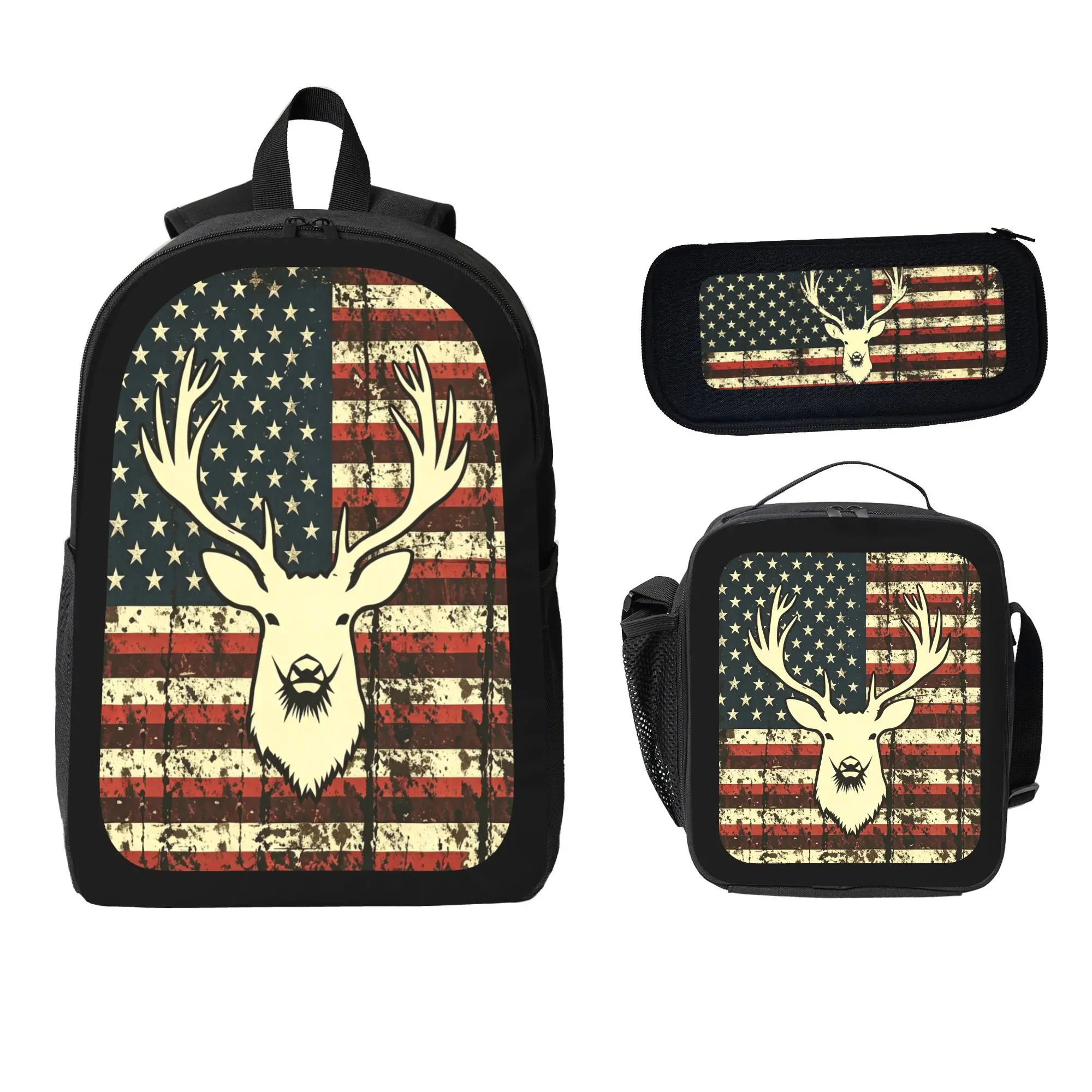 Vintage American Flag Deer Head Backpack Set 3 in 1 School Backpack with Lunch Box Pencil Case,Outdoor Travel School Bag,Lightweight Hiking Backpack for back to school,Shopping, Fitness, Yoga, Hiking, Beach, Work