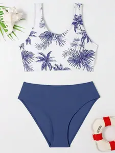 Teen Girl Tropical Coconut Print Bikini Set, Wire-Free Summer Beach Bathing Suit