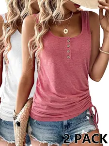 Women’s 2-Pack Summer Tank Tops - Sexy Henley Button-Down Scoop Neck Camisoles, Sleeveless Shirts with Side Ruching and Drawstrings for Summer Wear summerwins