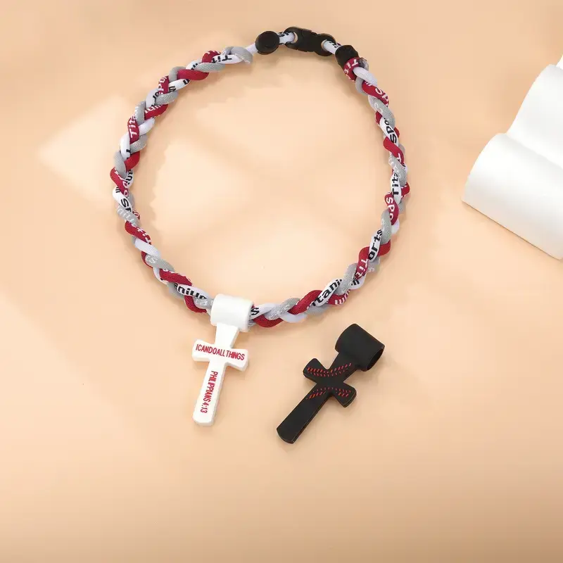Aroncent Baseball Necklace Sport Chain - Men Three Strand Tornado Braided Rope with Cross Pendant Inspirational PHL 4:13 Faith Jewelry Adjustable Softball Players Sports Fans Athletes Gift