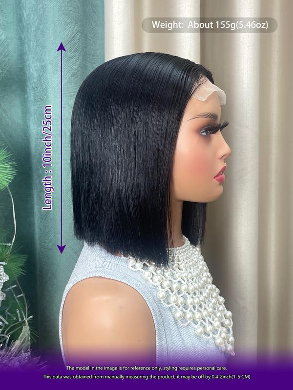 Human Hair Double Drawn Bob Wig, 4x4 Lace Frontal Pre-Plucked Natural Hairline with Elastic Band, Human Hair Short Straight Blunt Cut Wigs for Women,10 inch